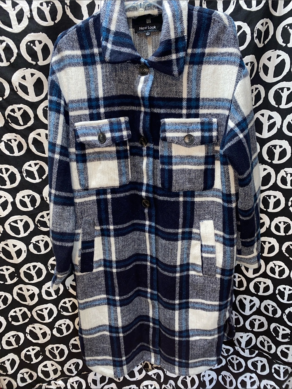 NEW LOOK BLUE /WHITE BUTTON DOWN PLAID COAT SZ L